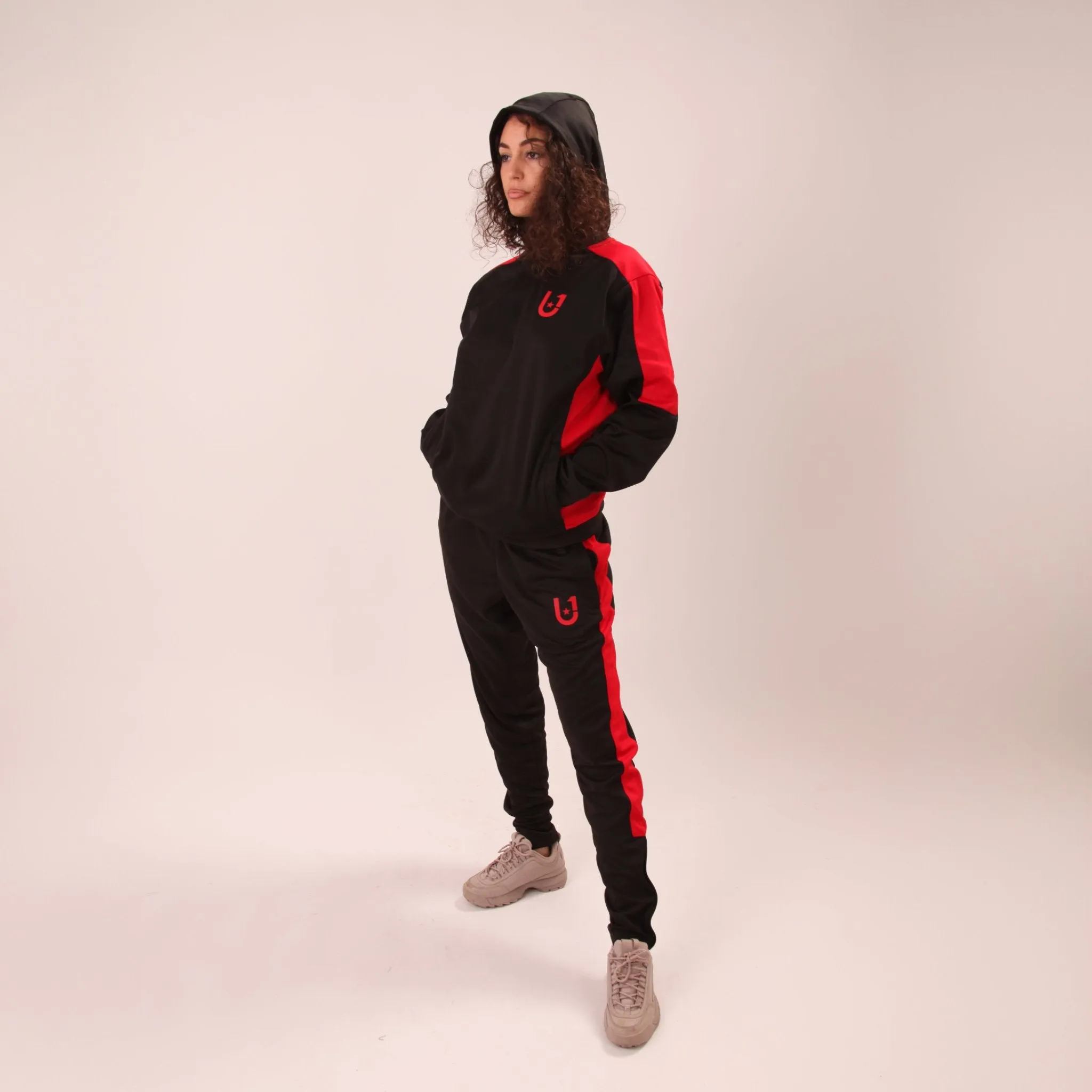 UNIFY Womens Crossover Tracksuit - Black/Red Stripes