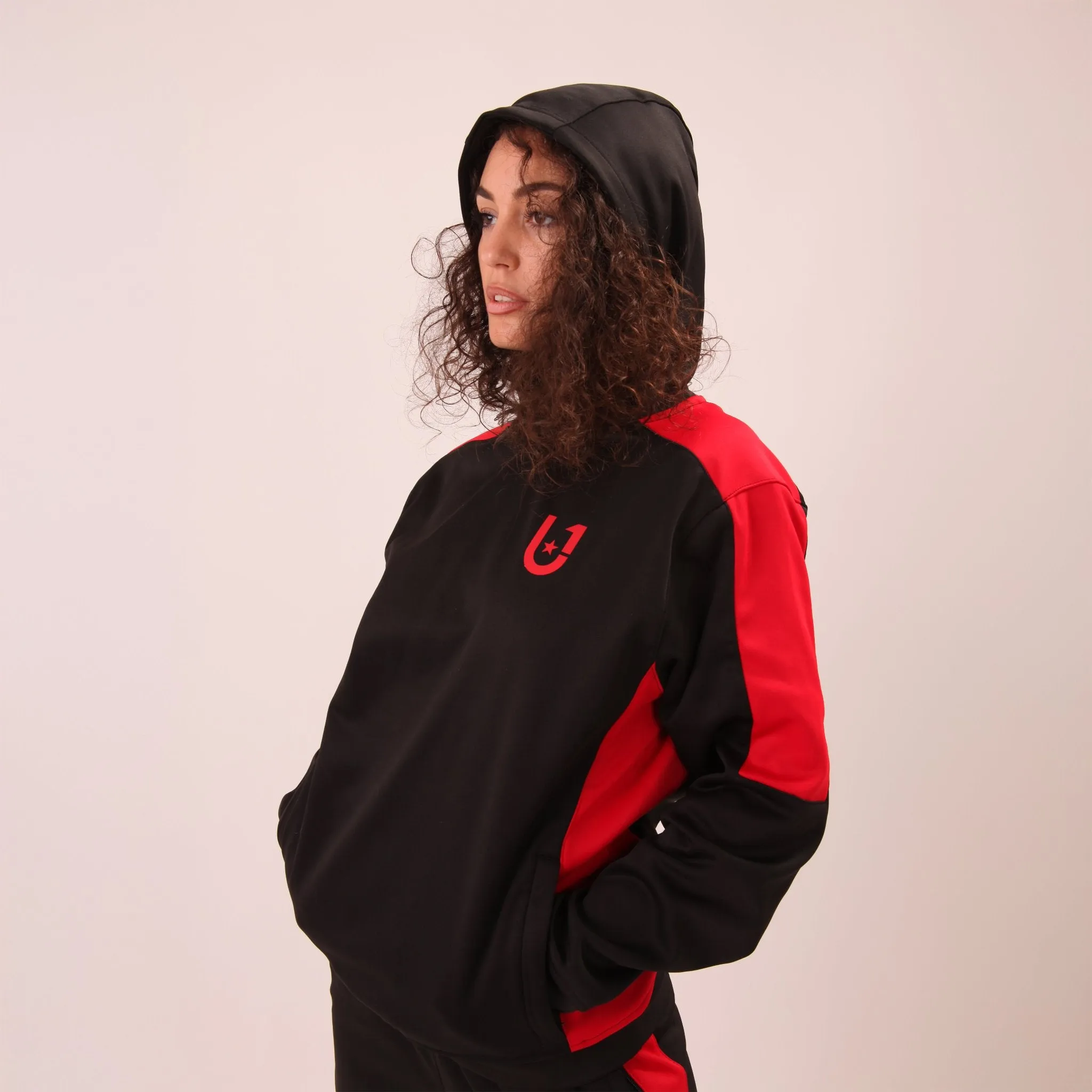 UNIFY Womens Crossover Tracksuit - Black/Red Stripes