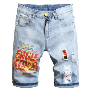 Vintage Look Prints Men Patchwork Denim Shorts