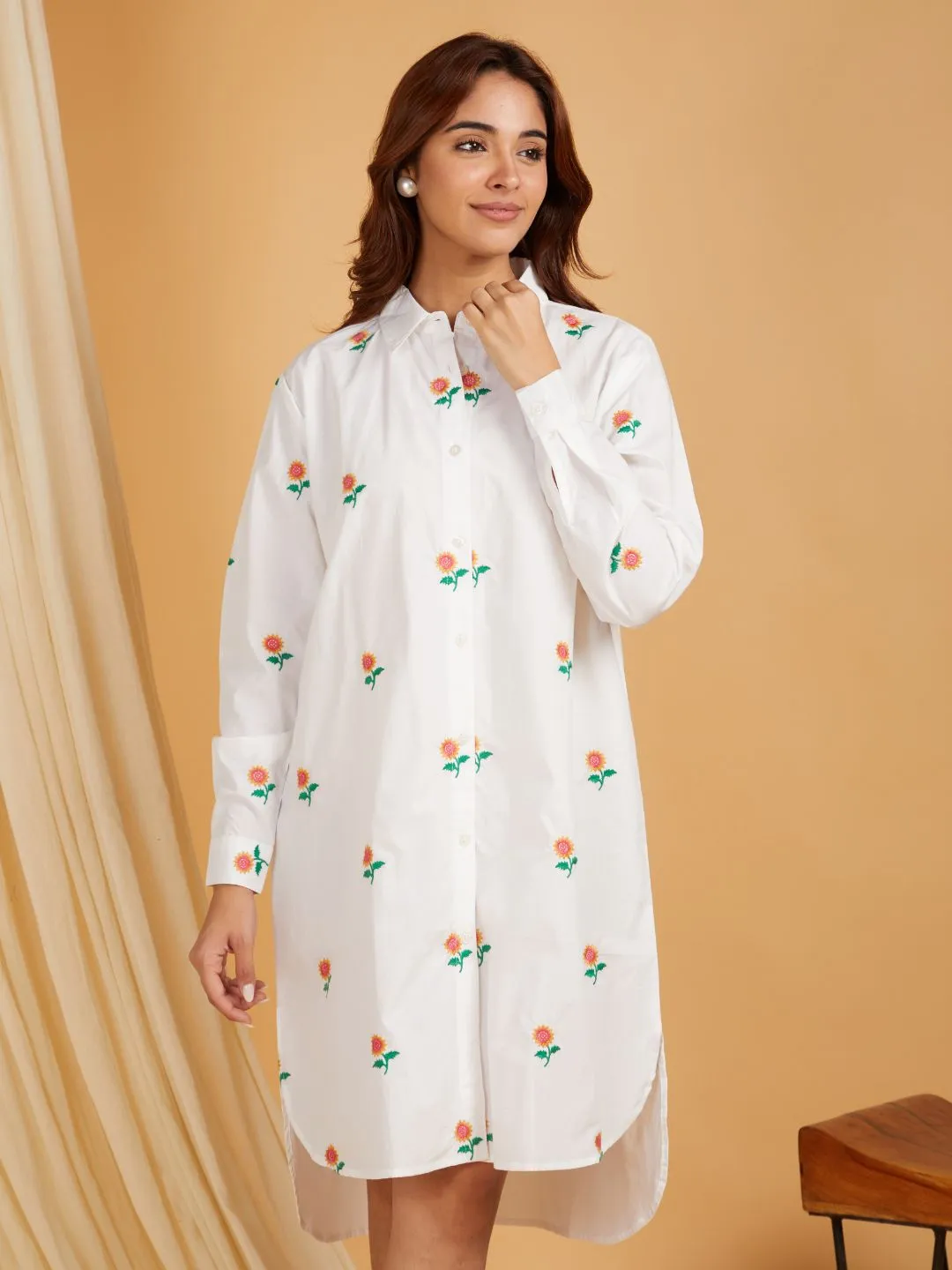 White Cotton Embroidered High And Low Shirt Dress