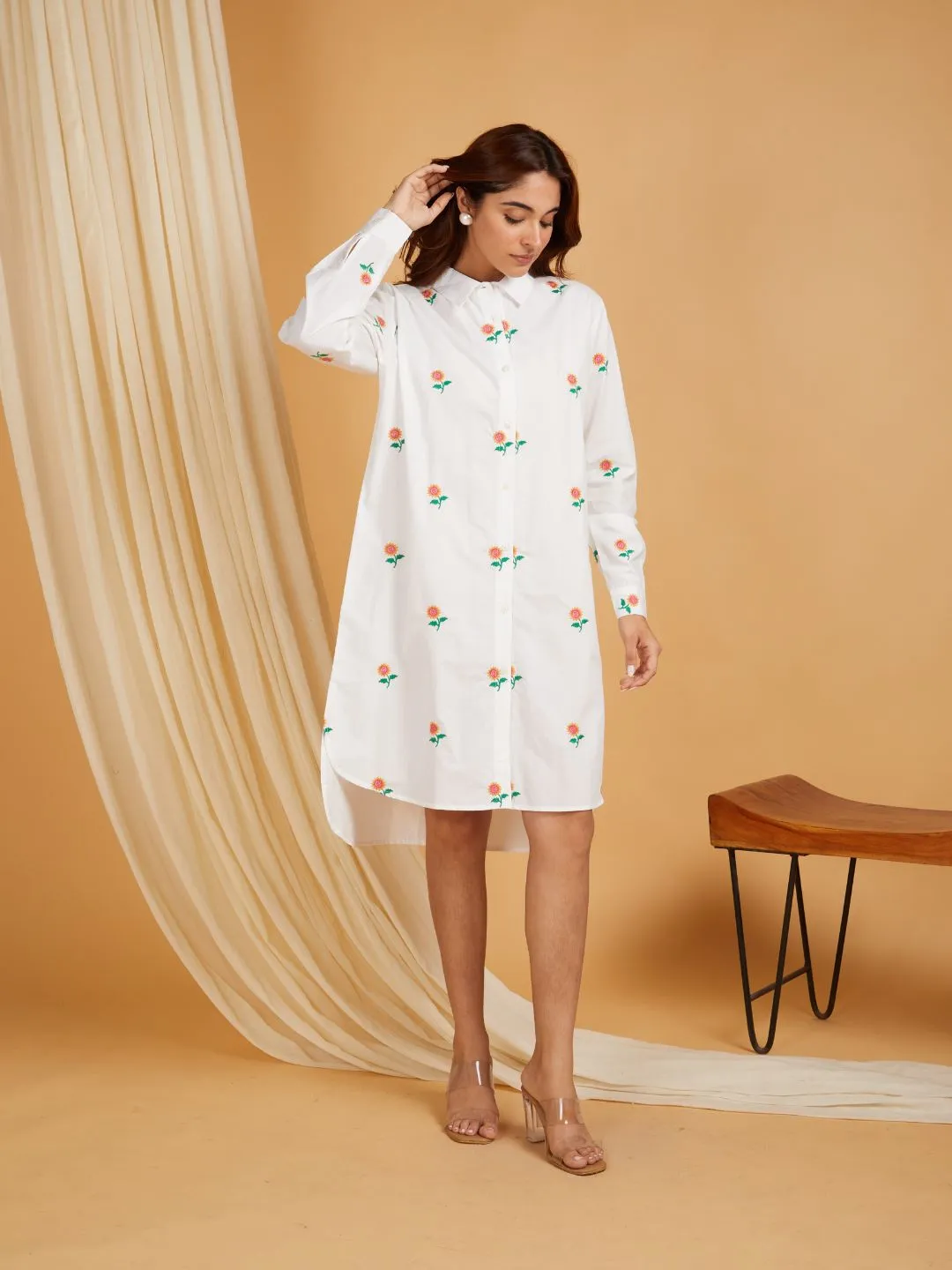 White Cotton Embroidered High And Low Shirt Dress