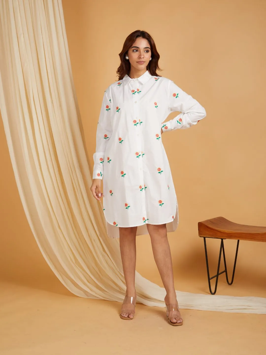 White Cotton Embroidered High And Low Shirt Dress