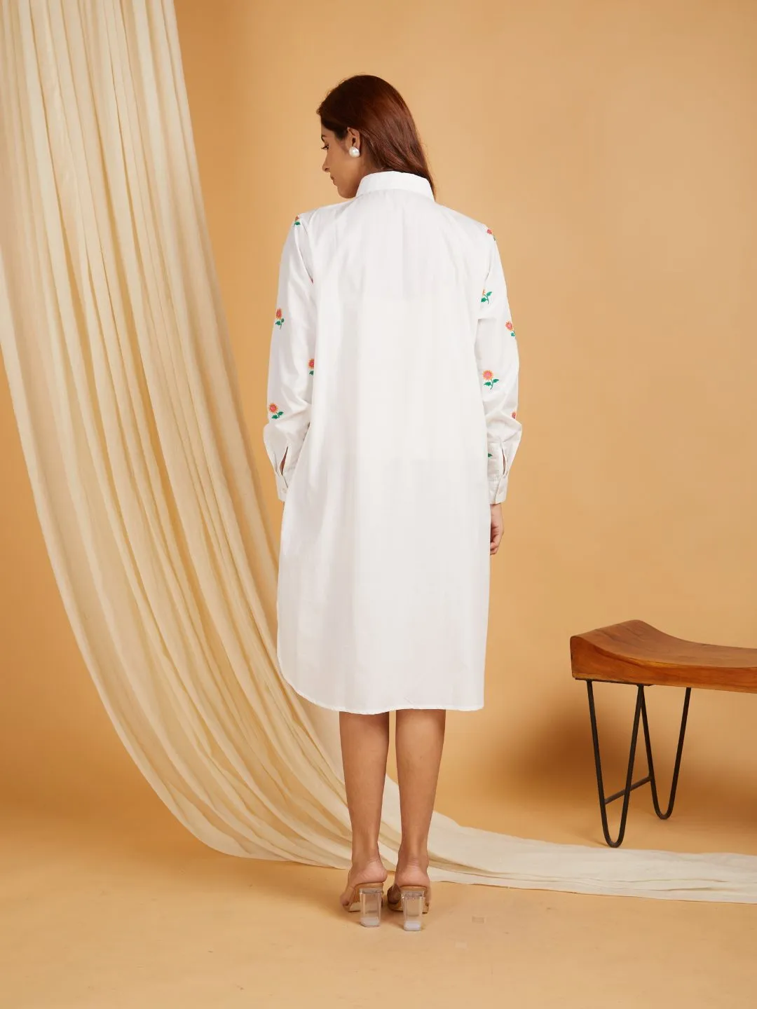 White Cotton Embroidered High And Low Shirt Dress