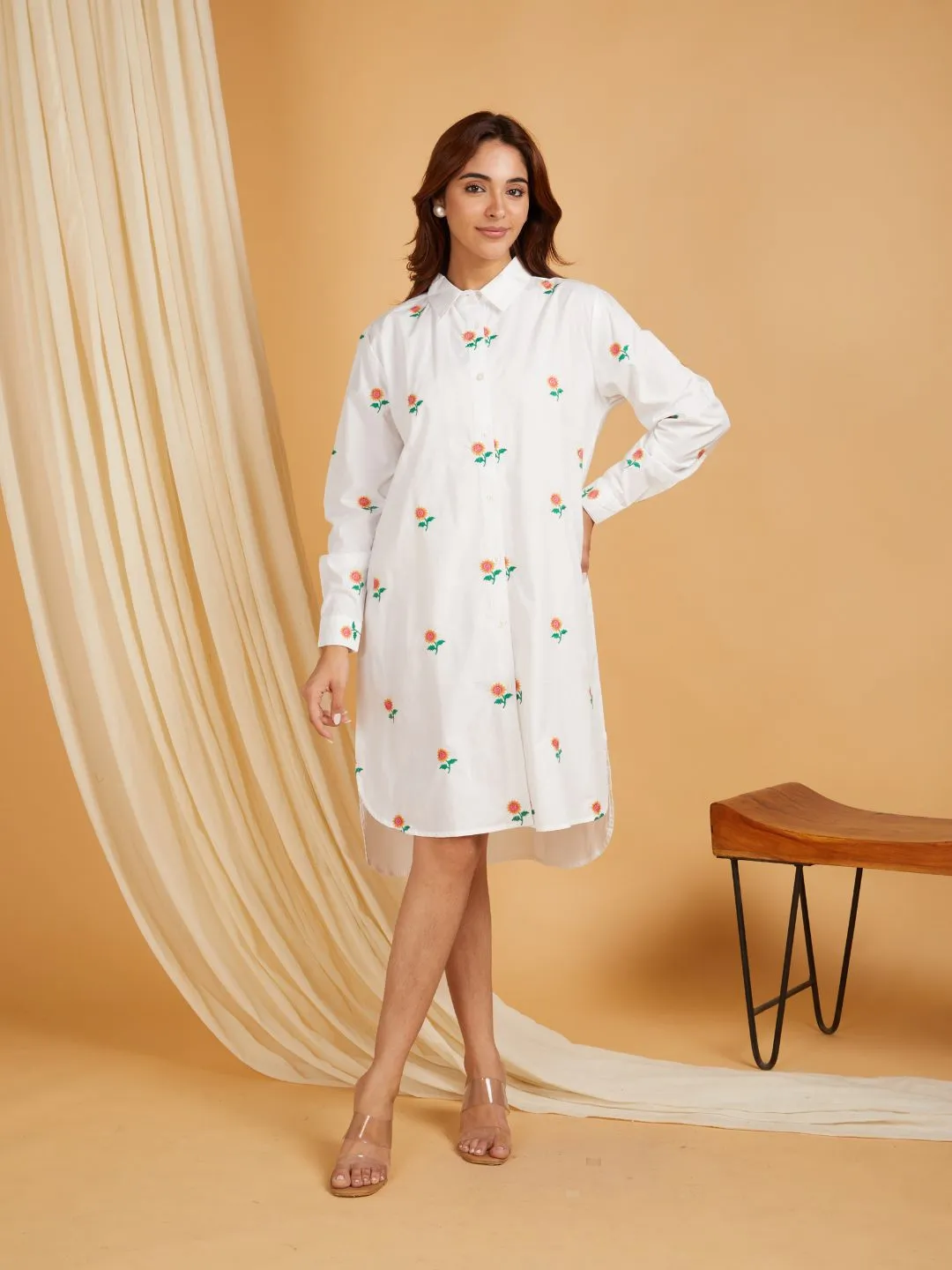 White Cotton Embroidered High And Low Shirt Dress