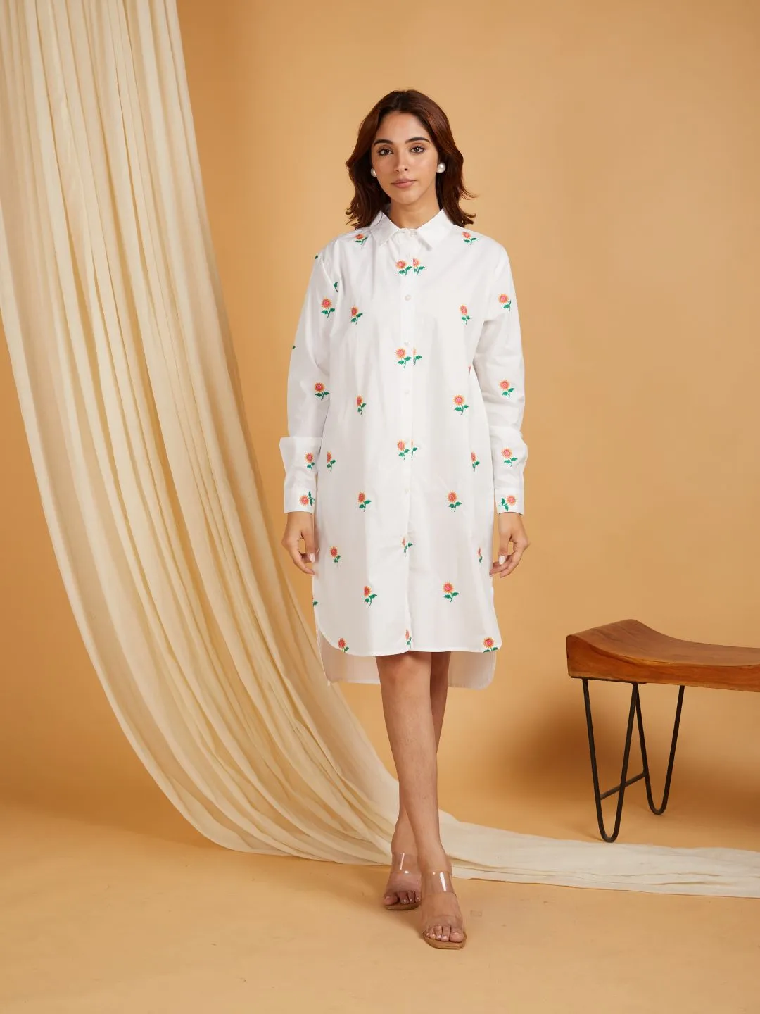 White Cotton Embroidered High And Low Shirt Dress