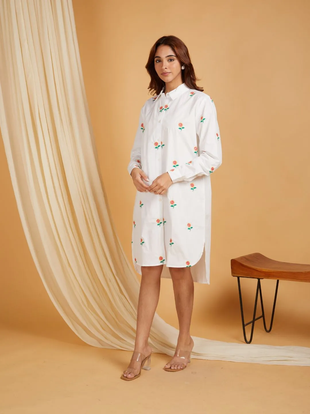 White Cotton Embroidered High And Low Shirt Dress