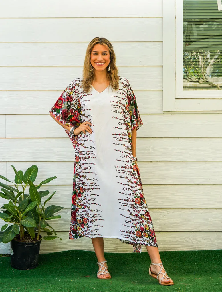 White Floral Blossom Kimono Kaftan Dress